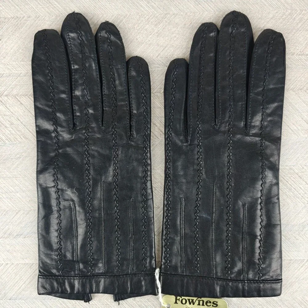 Vintage Fownes Womens Genuine Leather Black Gloves Acrylic Lined Size 7